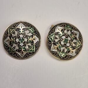 Vintage West Germany Geometric Round Ornate Gold-tone Clip-on Earrings